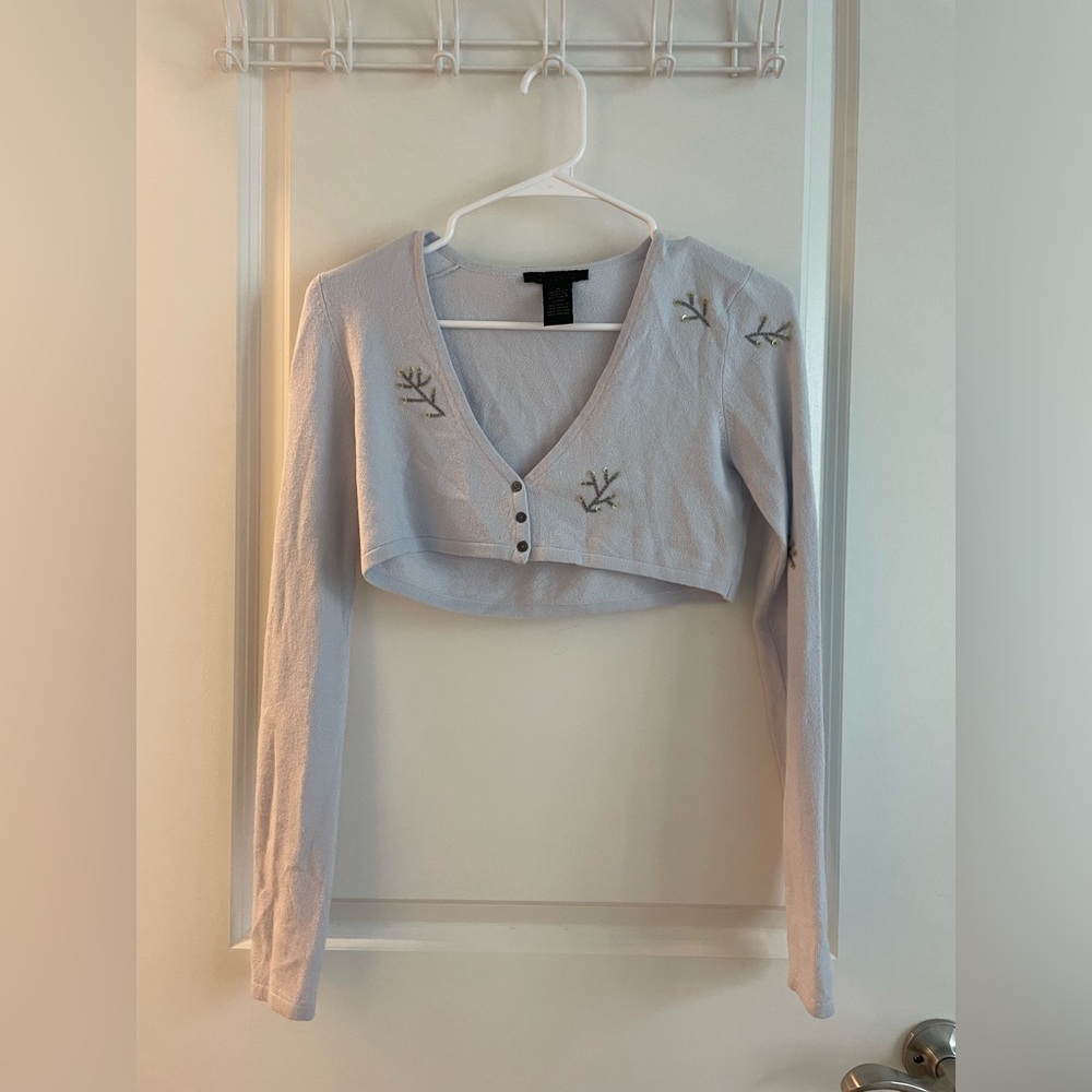 The Limited Long Sleeve Embroidered Crop Top | Light Grayish Blue